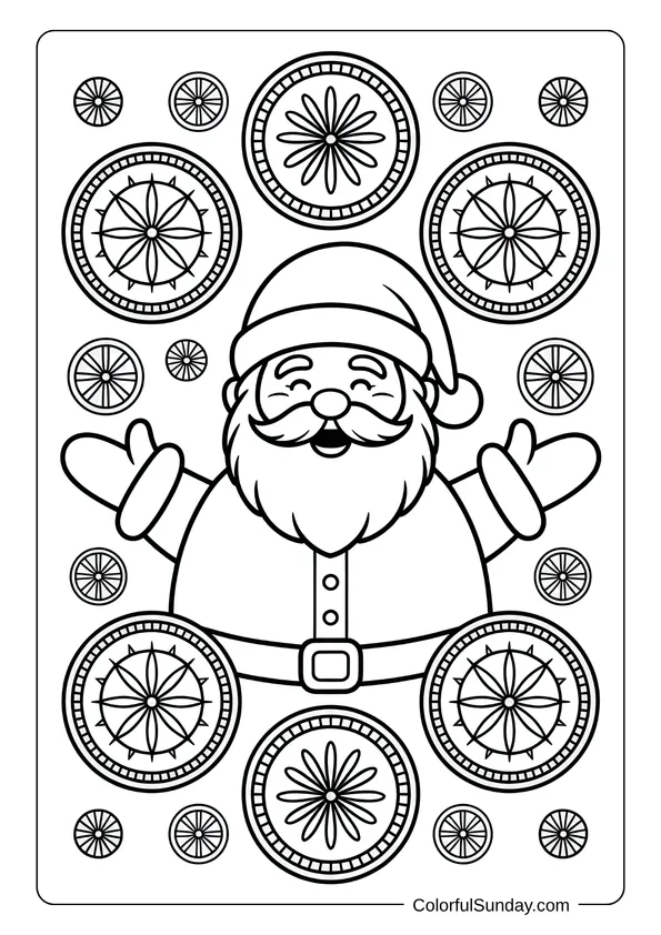 Santa Claus with open arms surrounded by circular mandala patterns, shown in a detailed coloring page.