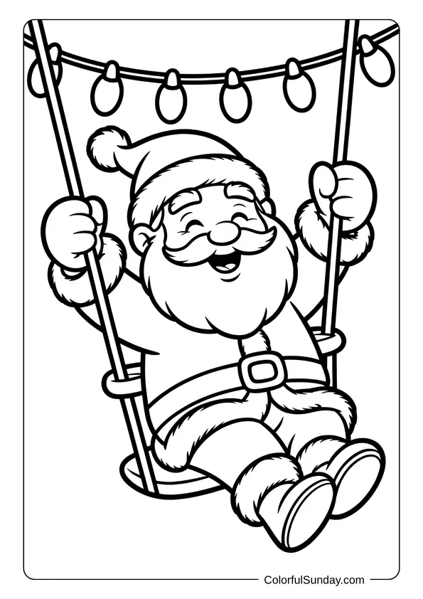 Coloring page showing Santa Claus swinging joyfully on a swing decorated with Christmas lights.