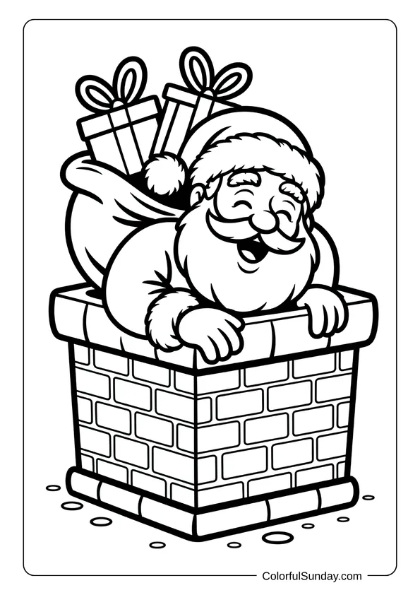 Santa Claus stuck in a brick chimney with a sack full of gifts, shown in a funny Christmas coloring page.