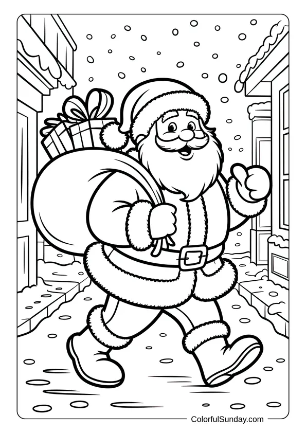 A joyful Santa Claus walking down a snowy street with a big sack full of presents in a Christmas-themed coloring page.