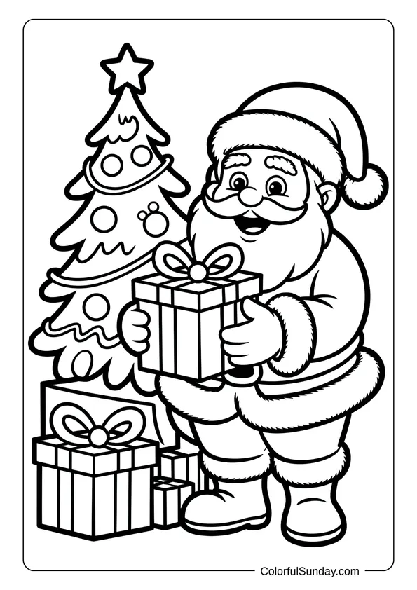 Santa proudly holds a Christmas present in front of a tree full of ornaments in this fun coloring page.