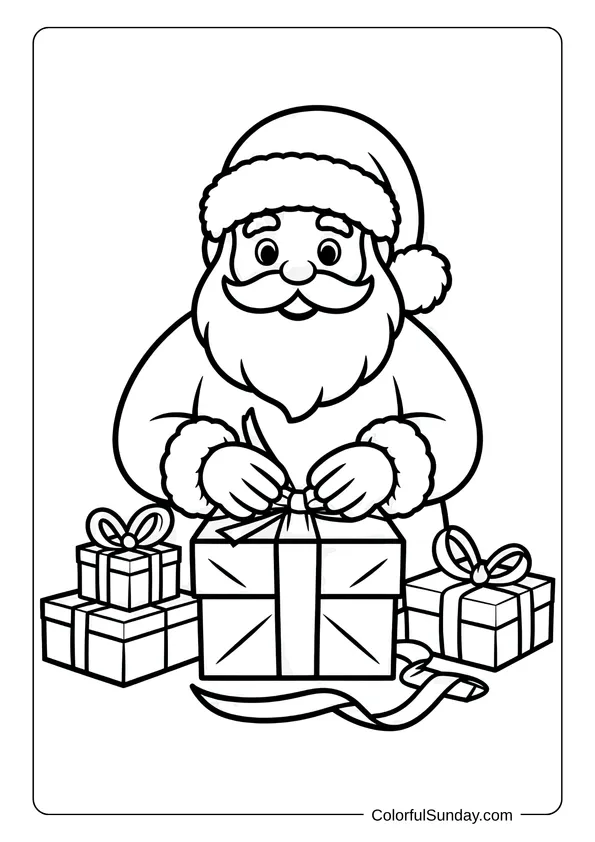 Coloring page of Santa Claus wrapping Christmas presents with ribbons and bows on a table.