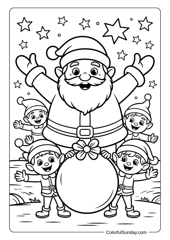 Santa Claus happily posing with four elves holding a giant gift ball under a starry sky in a festive coloring page.