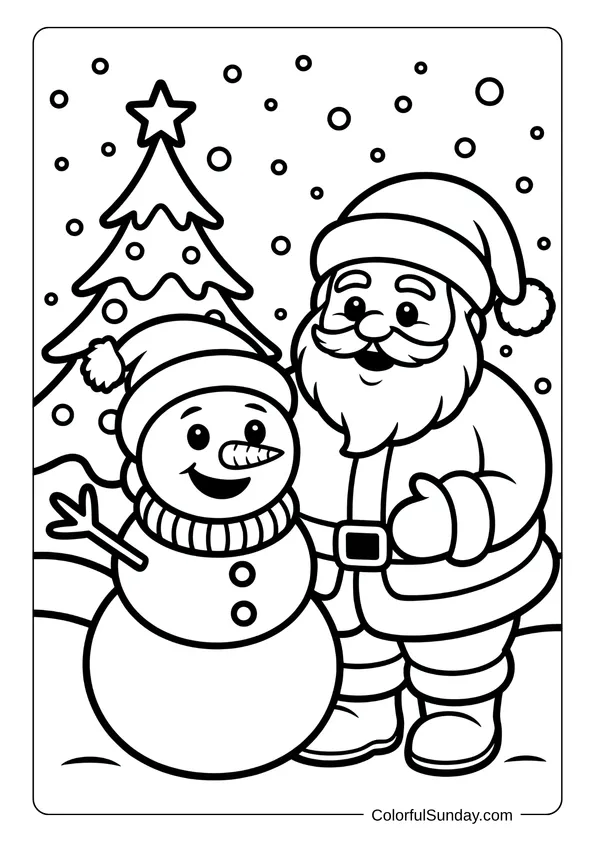 Santa Claus stands beside a smiling snowman under falling snowflakes, making a perfect holiday coloring page.