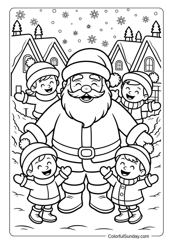 A joyful Santa stands with four happy children in a snowy village, perfect for a heartwarming coloring page.