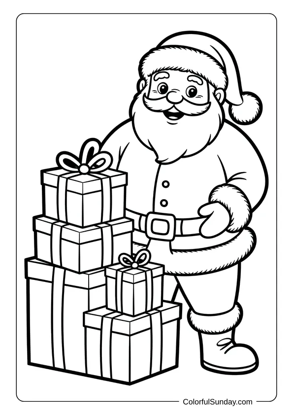 Santa Claus smiling while standing next to a pile of wrapped Christmas gifts in a joyful coloring page.