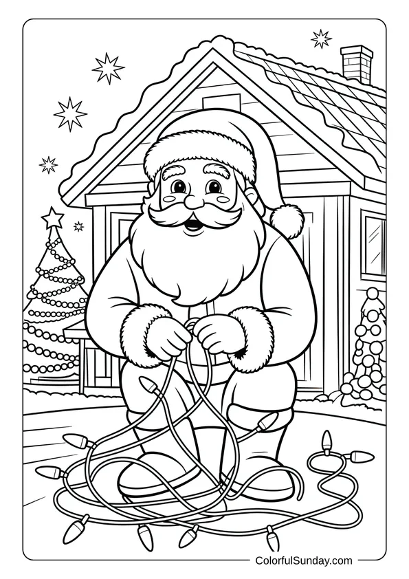 Santa Claus sitting outside his house untangling a string of lights, shown in a fun Christmas coloring page.