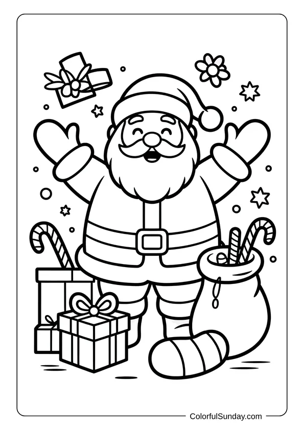 Santa Claus surrounded by gifts, candy canes, and stars spreading Christmas cheer in this holiday coloring page.