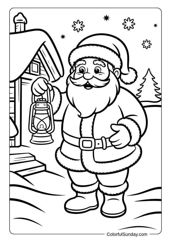 Santa Claus holding a lantern outside a snowy cabin on Christmas Eve in a detailed coloring page.