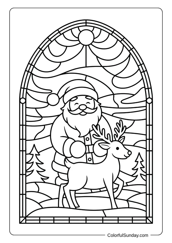Santa with a reindeer framed by stained glass patterns in a festive holiday coloring page.