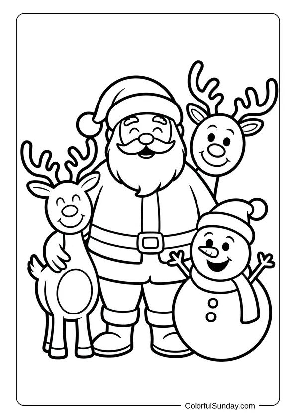 Santa Claus standing with Rudolph and a snowman, spreading cheer in a Christmas coloring page.