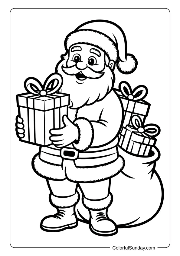 Santa stands holding a Christmas present with more gifts in his sack, in a cheerful coloring page scene.