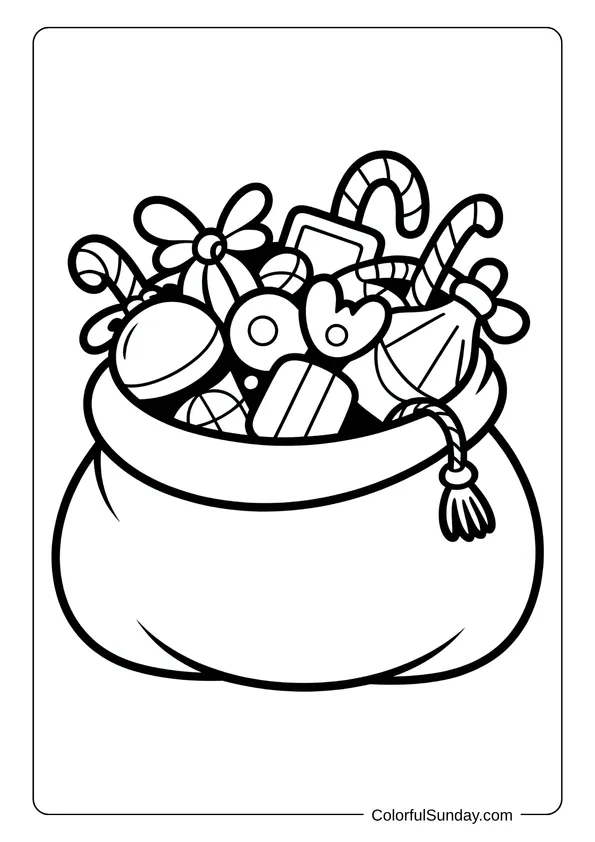 Santa’s big sack overflowing with toys, candy canes, and ornaments, ready for delivery in this coloring page.