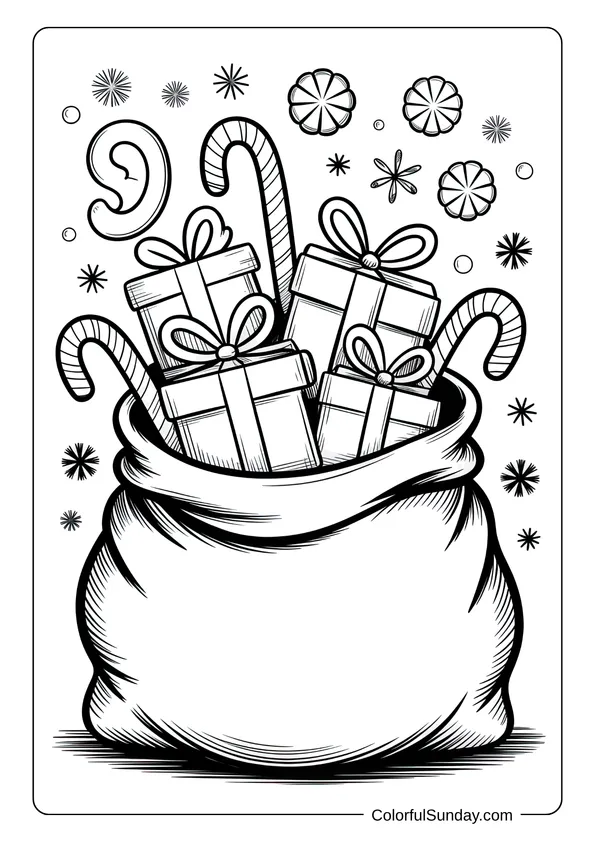A big Santa’s bag filled with presents and candy canes surrounded by stars in a festive Christmas coloring page.