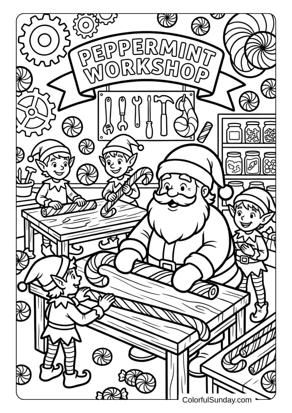 Santa and elves crafting candy canes in a busy workshop coloring page filled with peppermint magic.