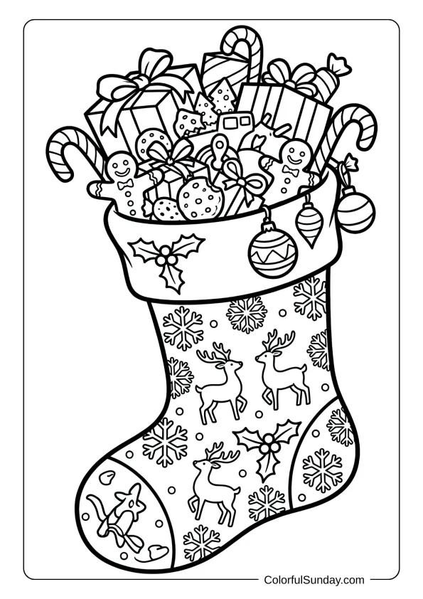 A giant Christmas stocking coloring page overflowing with wrapped presents and holiday treats galore
