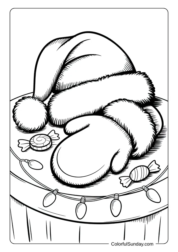 Santa’s hat and mittens placed on a table with candies and Christmas lights in a cozy coloring page.