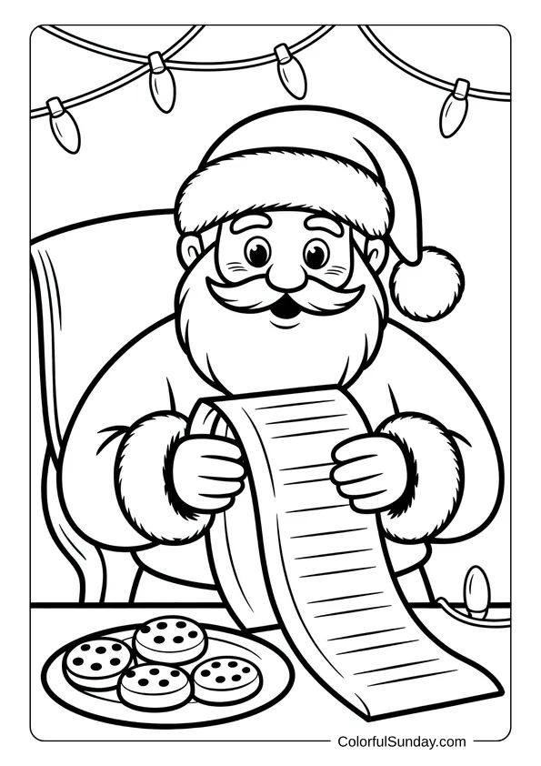Santa Claus reading his nice list beside a plate of cookies, shown in a classic Christmas coloring page.