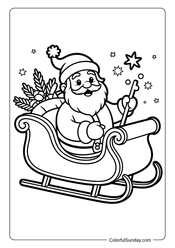 Santa Claus sitting happily in his sleigh with a magic wand and stars around him in a festive coloring page.