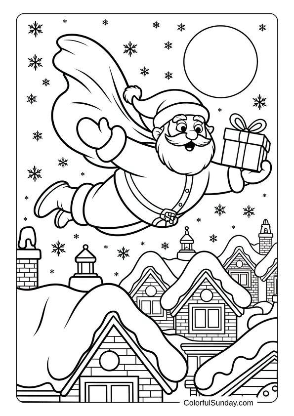 Santa Claus flying over snowy rooftops carrying presents in his sleigh, in a magical Christmas coloring page.