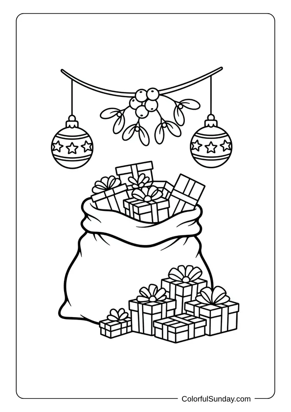 A coloring page of Santa's toy sack with mistletoe and baubles.