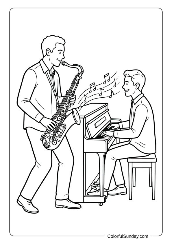 A coloring page of jazz duo featuring saxophone player and pianist performing together in synchronized moment.