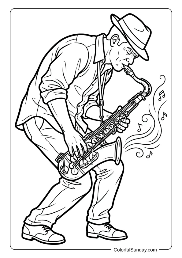 Soulful blues saxophonist expressing deep emotion with saxophone coloring page, featuring expressive facial features and posture.
