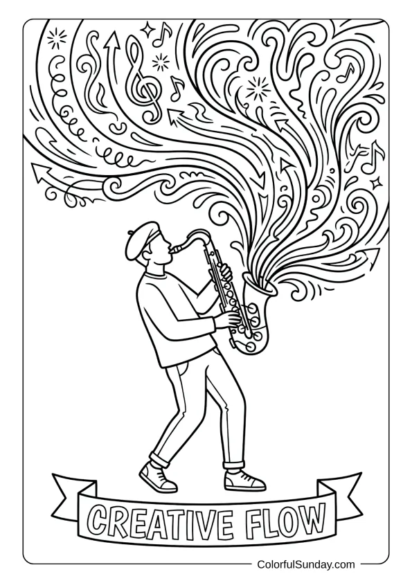 A coloring page featuring creative musician improvising on saxophone with spontaneous musical ideas flowing visually through composition.
