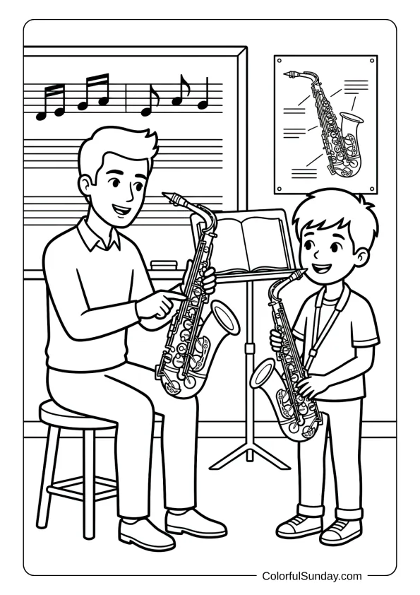 Teacher instructing student on proper saxophone technique coloring page with both instruments visible and educational setting.