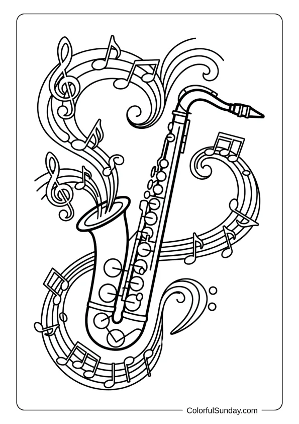 A coloring page of a saxophone with musical notes dancing around it in whimsical patterns coloring page.