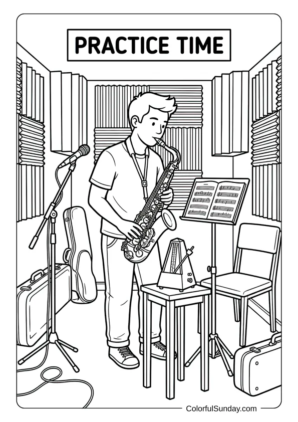 A coloring page of dedicated musician practicing saxophone scales with music stand, metronome, and practice room details.
