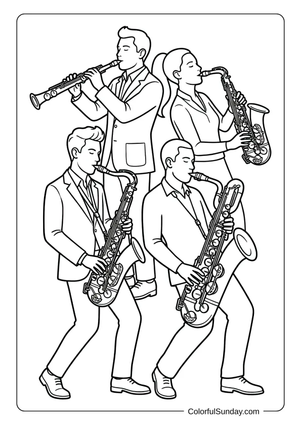 Four saxophone players performing together in harmony coloring page, featuring soprano, alto, tenor, and baritone saxophones.