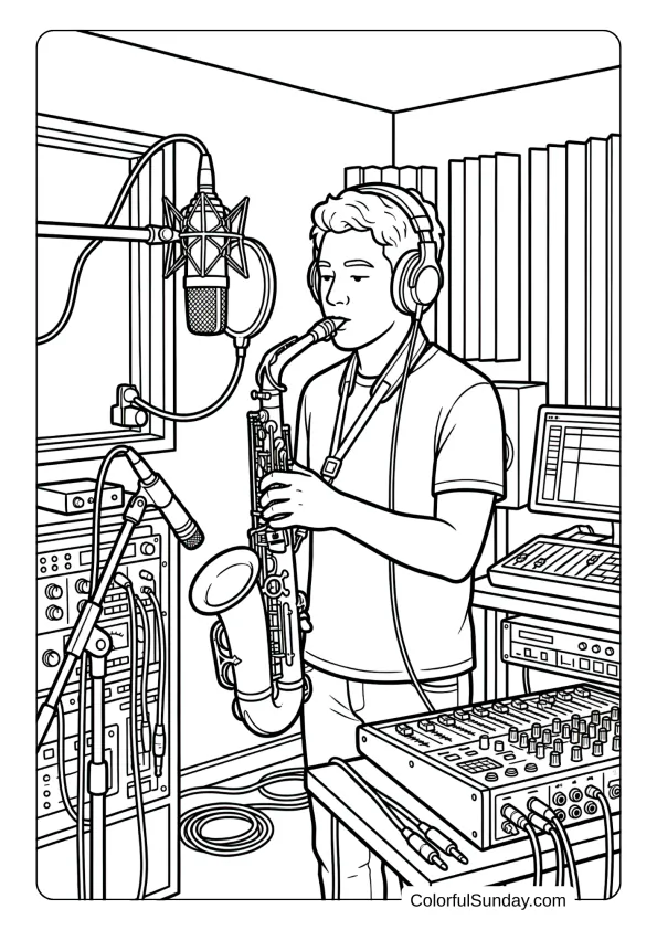 A coloring page of studio musician recording saxophone tracks with microphone, headphones, and professional recording equipment visible.