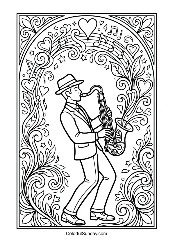 Romantic saxophonist playing tender melody coloring page under decorative elements, creating beautiful serenade atmosphere throughout scene.
