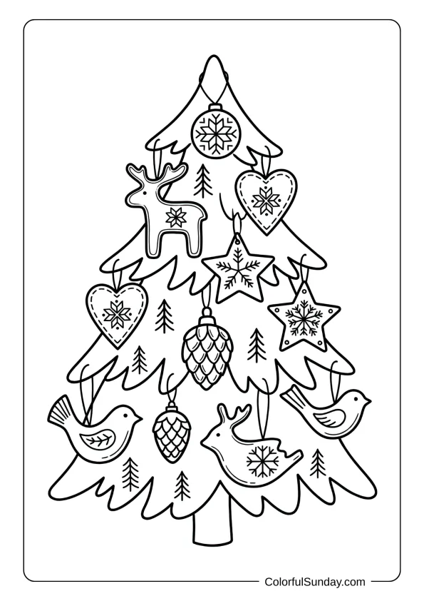 A minimalist Christmas tree with Nordic decorations, wooden ornaments, and simple Scandinavian folk patterns coloring page
