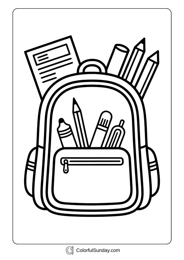 Backpack stuffed with books, pencils, and supplies, creative school backpack coloring page.