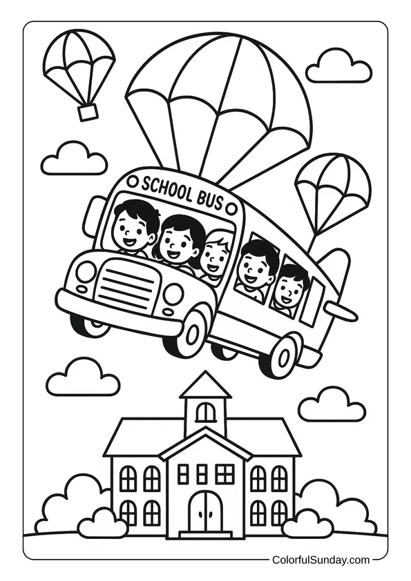 A school bus full of smiling children parachutes down toward a school building through the clouds.
