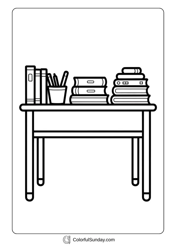Classroom desk filled with stacked books and a cup of pencils, neat school desk coloring page.
