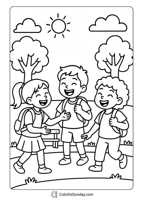 School Friends September Coloring Page School friends laughing together outside on a sunny September day in a coloring page.