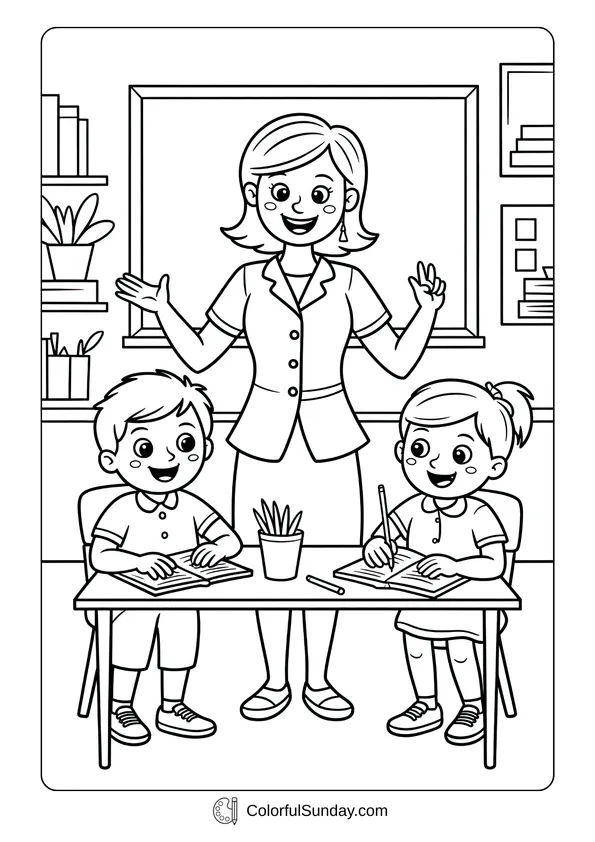 Teacher standing beside two students writing in notebooks, lively classroom coloring page.