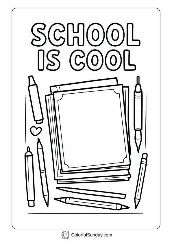 Stack of papers surrounded by pens and pencils with the phrase “School is Cool,” creative coloring page.