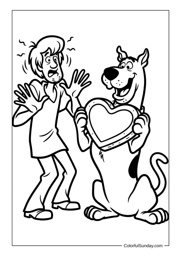 Scooby Doo with heart treat in a coloring page