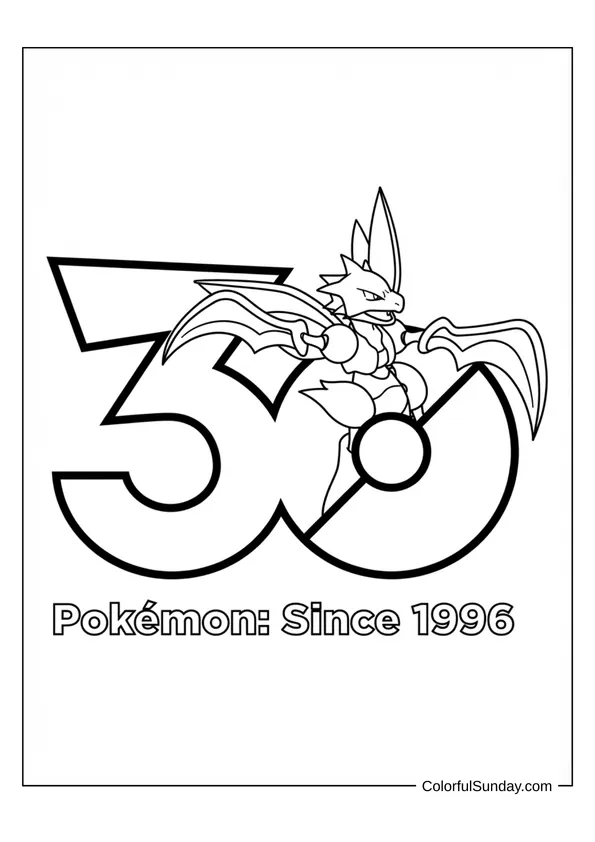 Cool Scyther celebrating Pokémon 30th anniversary in an exciting coloring page.