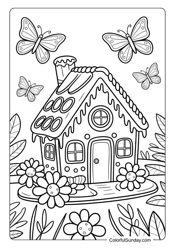 Flowers and butterflies surround a cozy gingerbread house in this coloring page.