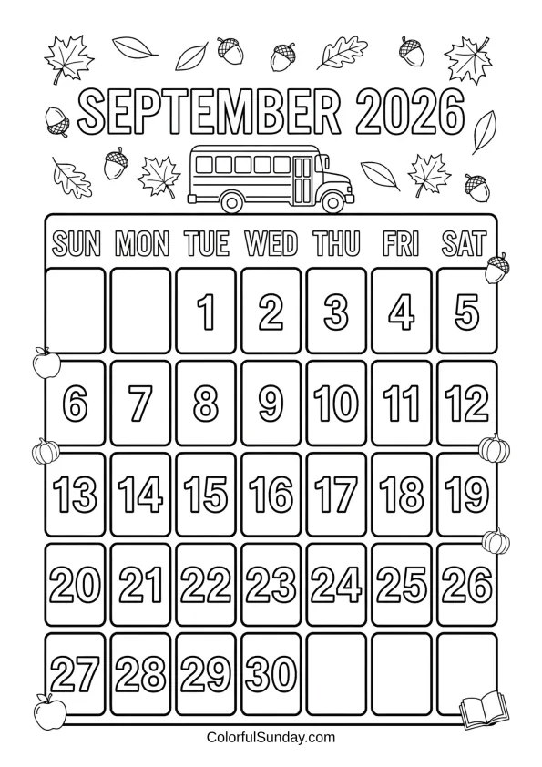 September 2026 back to school calendar coloring page with autumn leaves printable coloring page