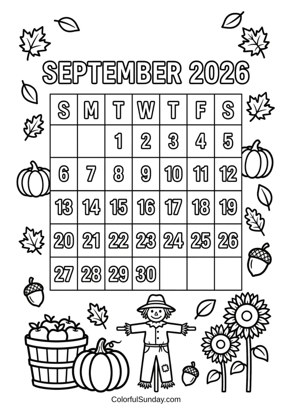 September 2026 harvest calendar coloring page with pumpkins and scarecrow printable coloring page