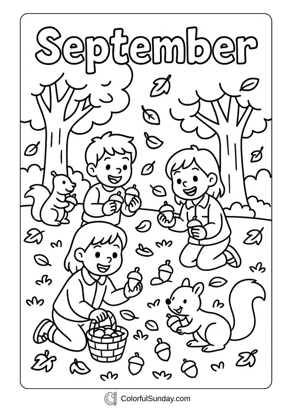 September Acorn Hunt Coloring Page Children collecting acorns with squirrels in a forest scene September coloring page.