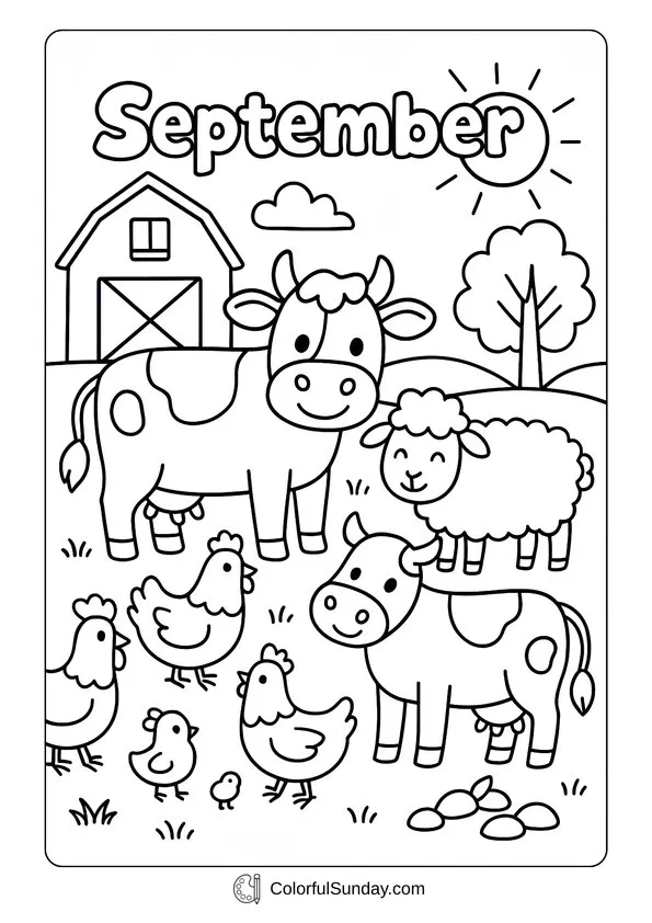 September Farm Animals Coloring Page Cows, sheep, and chickens enjoying a sunny day on the farm, represented in a September animals coloring page.