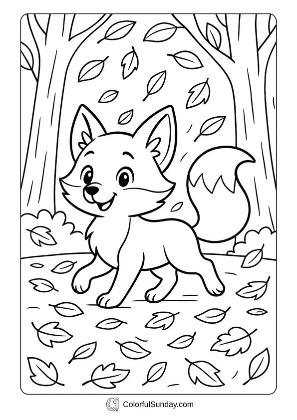 September Friendly Fox Coloring Page Cute fox walking through the forest with falling autumn leaves in a September coloring page.