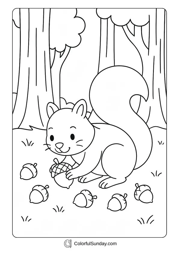 September Friendly Squirrel Coloring Page September squirrel holding an acorn in the forest coloring page.